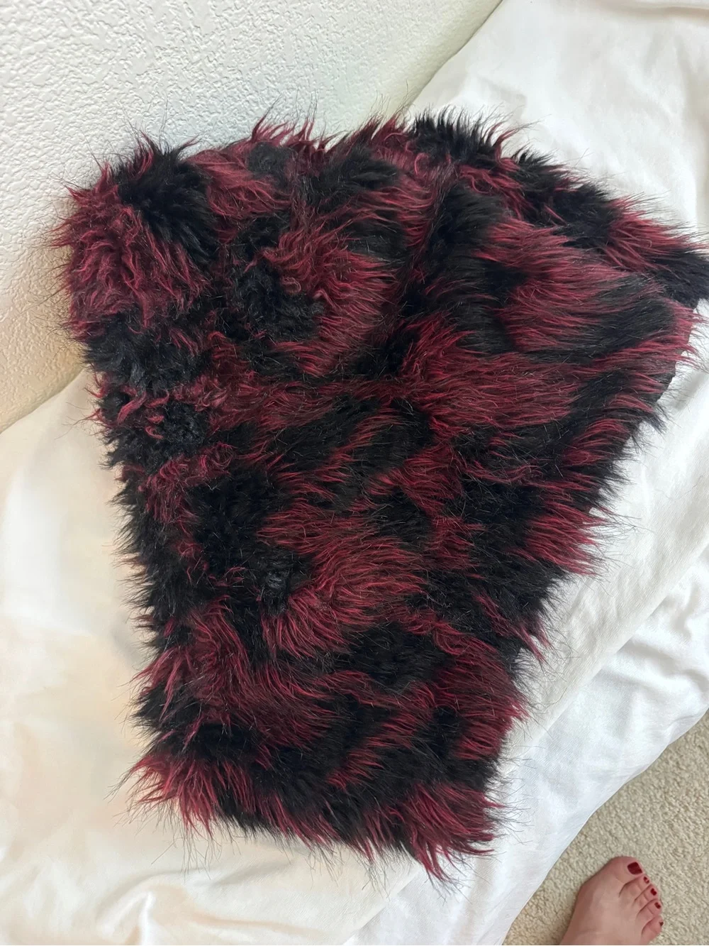 Faux Fur Reversible Hooded Scarf - Black Sequin and Burgundy